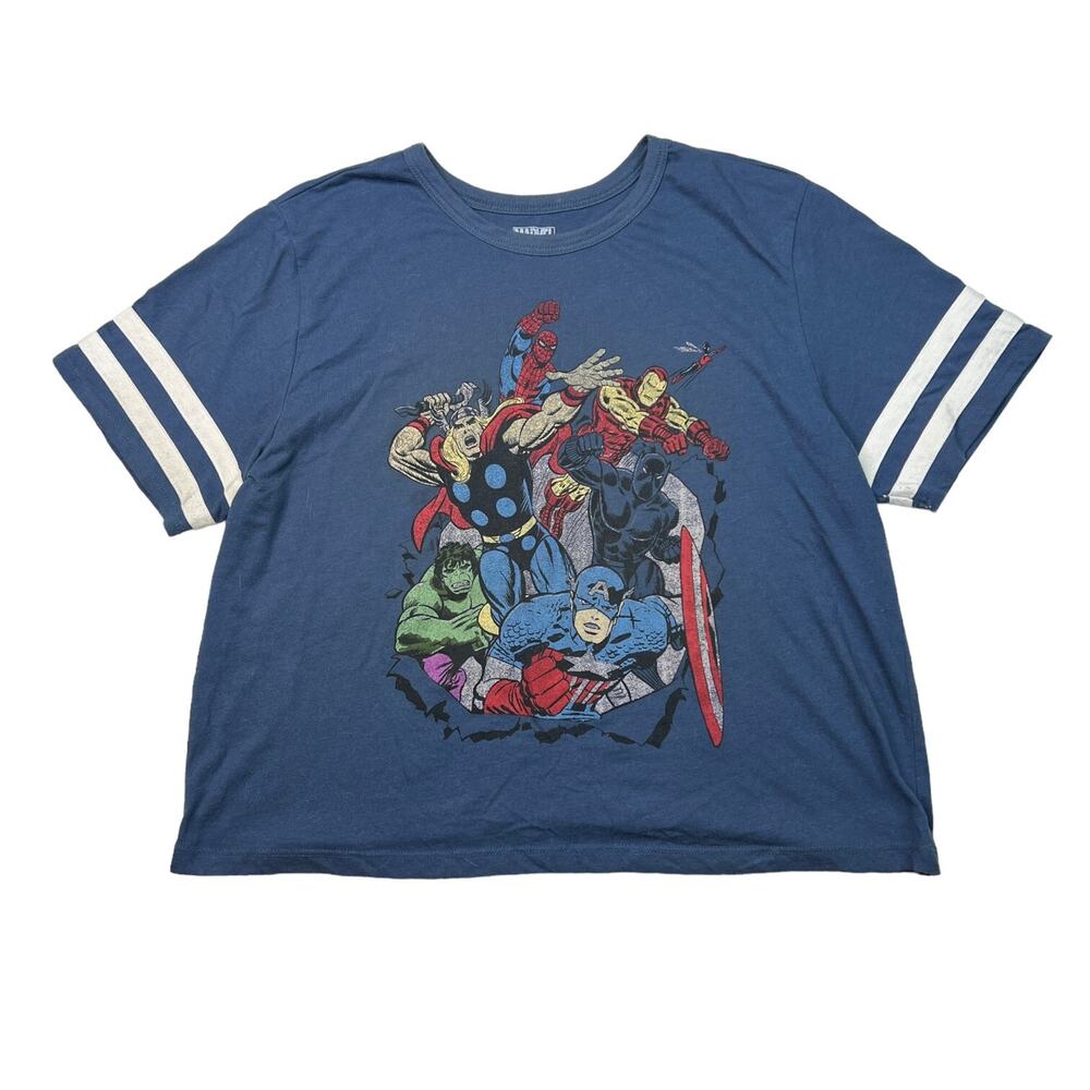 Marvel Womens Comics Avengers Crewneck T-Shirt Striped Short Sleeve Blue XL